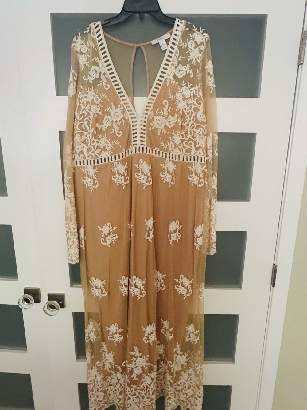Beautiful, Sheer, Camel Maxi Dress with White Floral Embroidery
